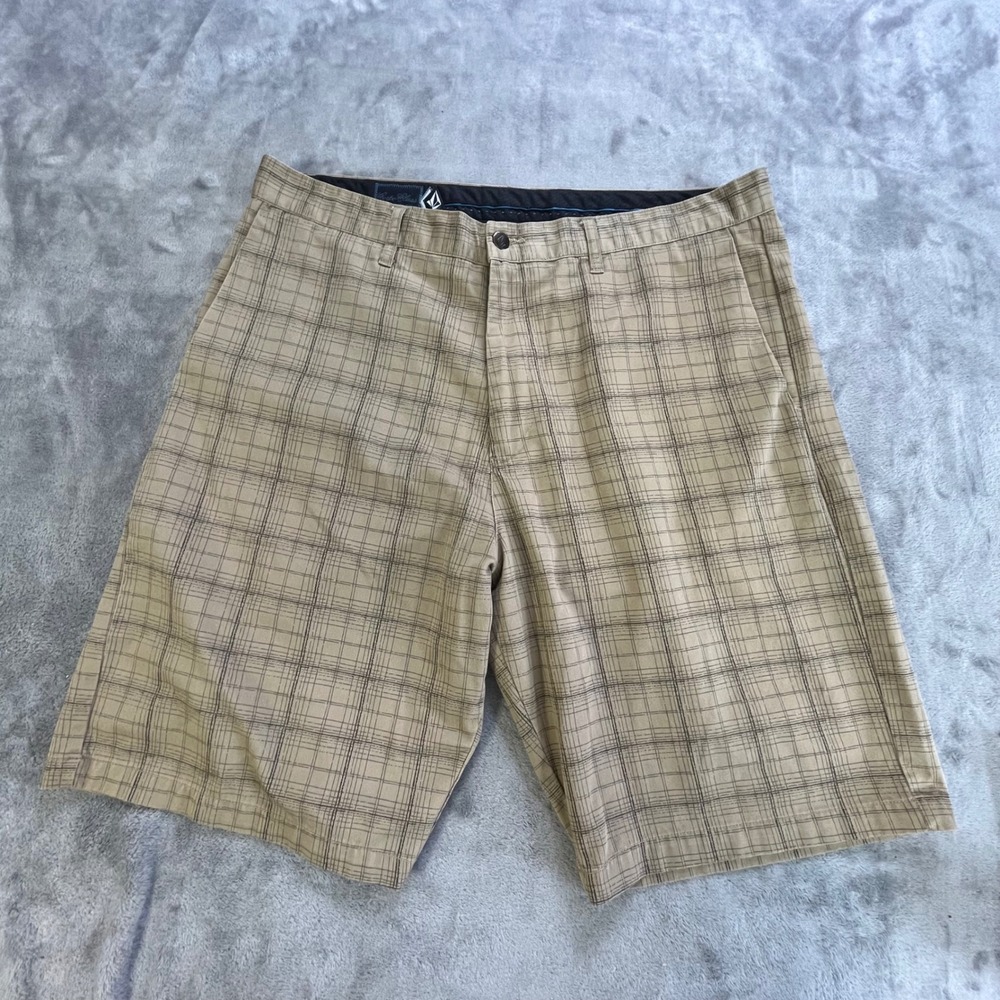 Volcom Chino Shorts Mens 38 Tan Frickin Painted Plaid A09310S0